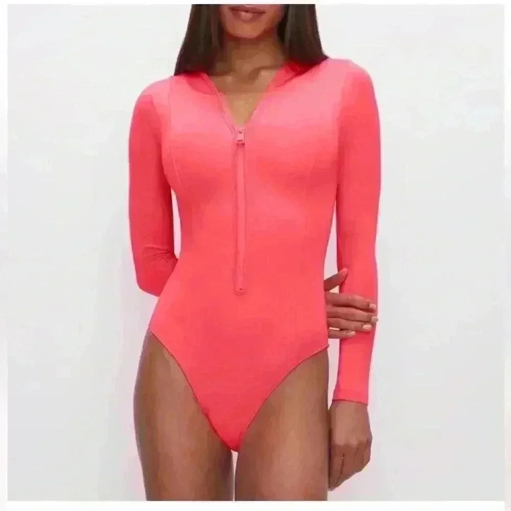 NWT Good American Long Sleeve One Piece Rash Guard Swimsuit in Fiery Coral
